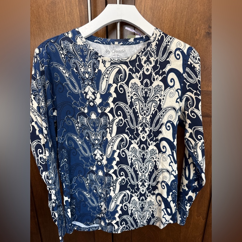 Chico's Navy and Cream Patterned Long Sleeve Top